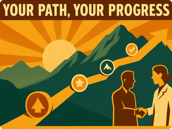 A cartoon depicting the ability to track your progress when using the platform