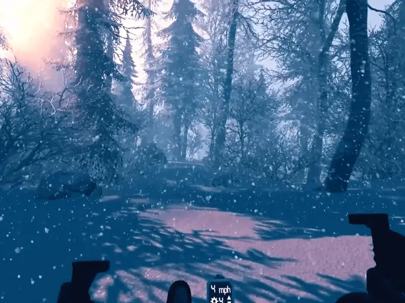 An image from the rider point of view inside the simulation in the environment Alpine Snowfall
