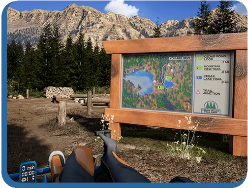 An image from the rider point of view inside the simulation in the environment Cedar Mountain Valley looking at a map
